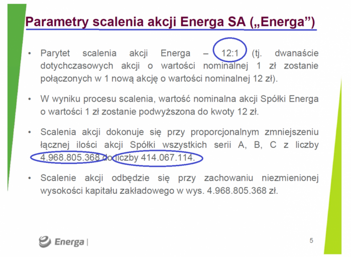 Ilustracja 1: Fragment dokumentu opublikowanego przez Energa S.A. z informacjami na temat procesu scalenia akcji, a także obniżenia wartości kapitału zakładowego.Źródło: strona internetowa Energa S.A.