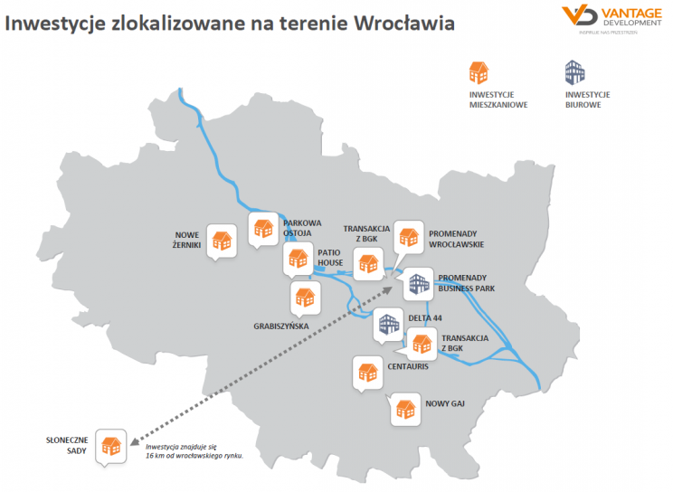 Ilustracja 1. Inwestycje Vantage Development, zlokalizowane na terenie Wrocławia. Warto zwrócić uwagę na centralne położenie zdecydowanej większości inwestycji.