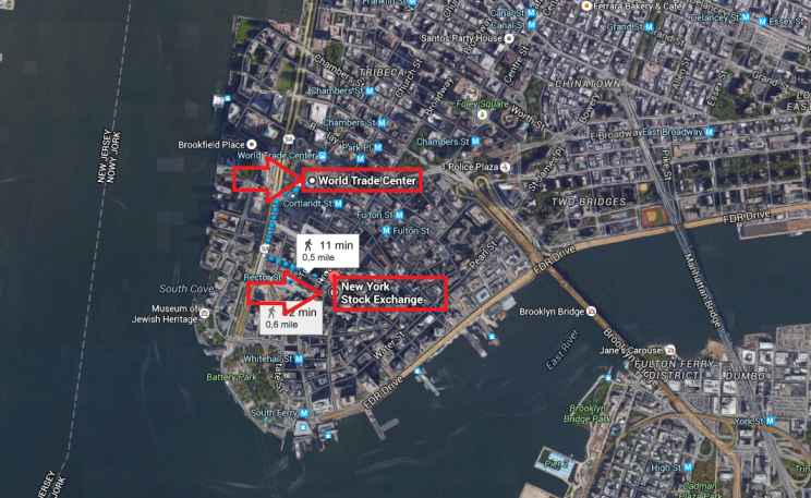 Mapa 1: Nowy Jork, Manhattan, siedziba NYSE i WTC.