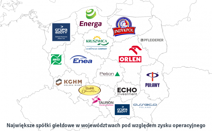 Mapa 4. Największe spółki w województwach pod względem wielkości zysku operacyjnego.