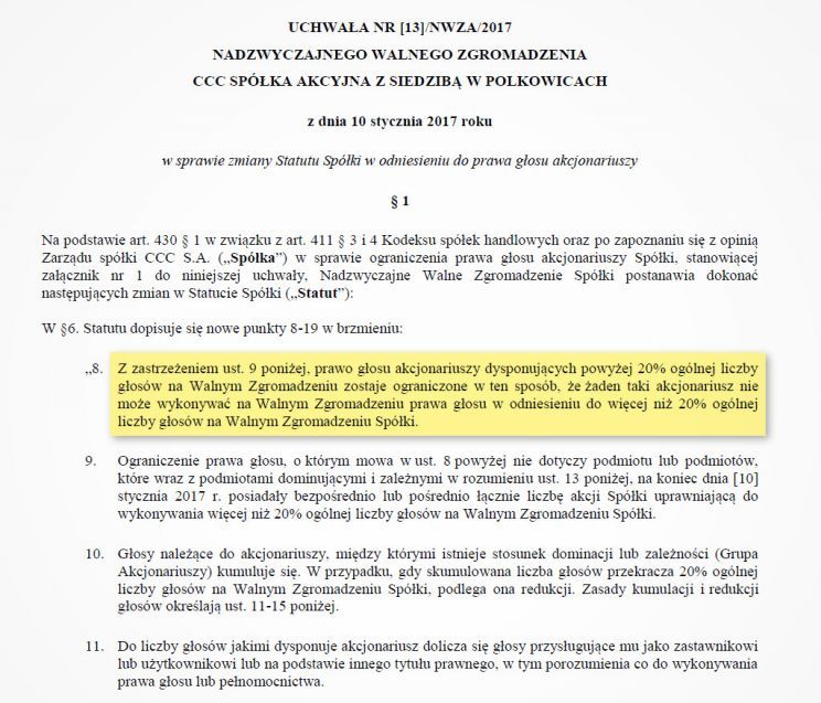 Projekt uchwały NWZA CCC w sprawie zmiany Statutu Spółki w odniesieniu do prawa głosu akcjonariuszy