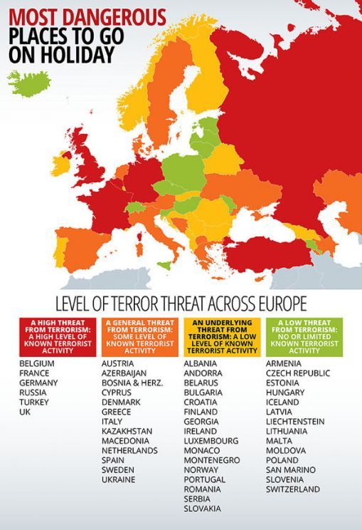 Rys. 1. Poziom zagrożenia terroryzmem w Europie, czyli gdzie jechać na wakacje (kolor czerwony: największy stopień zagrożenia, k