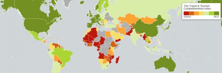Rys. 2. Destynacje turystyczne – najbardziej (kolor zielony) i najmniej (kolor czerwony) atrakcyjne (według World Economic Forum