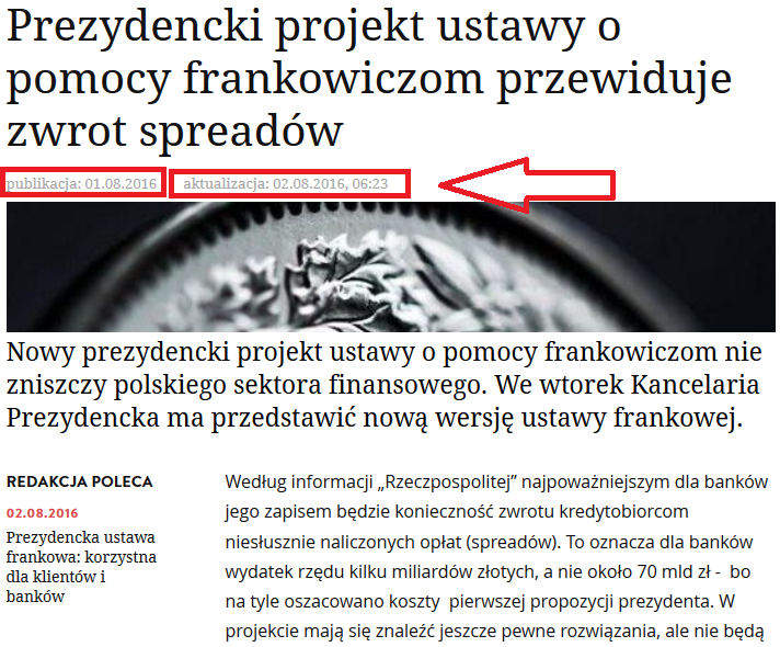 Ilustracja 1: Zrzut ekranu artykułu Rzeczpospolitej. Źródło: http://www.rp.pl/Banki/308019874-Prezydencki-projekt-ustawy-o-pomoc