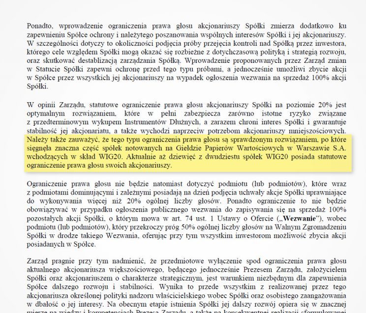 Uzasadnienie do projektu uchwały NWZA CCC w sprawie zmiany Statutu Spółki w odniesieniu do prawa głosu akcjonariuszy